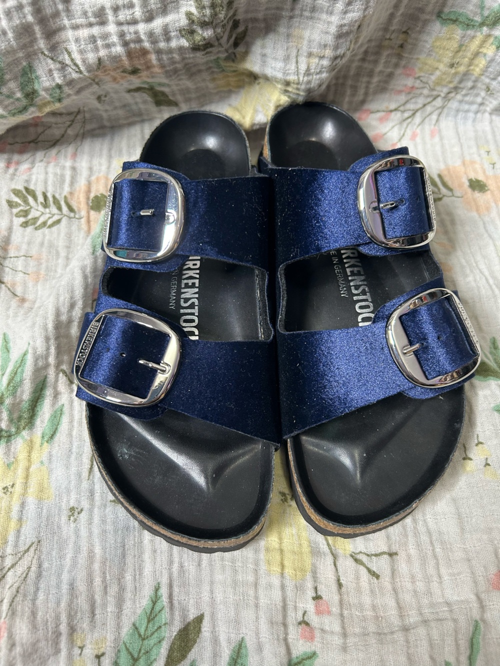 Birkenstock Arizona Blue and Silver Velvet Big Buckle Sandals Women’s